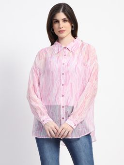 Madame - Baby Pink Semi Sheer Printed Shirt
