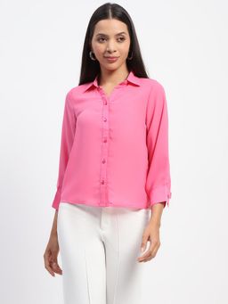 Madame - Pink Solid Collared Pink Shirt