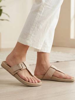 ELLE - Womens Beige T-Strap Slip-On Sandals