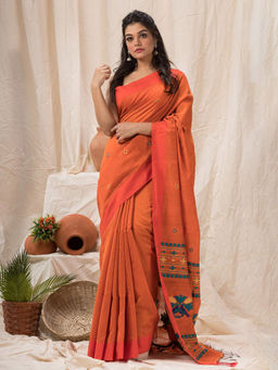 Angoshobha - Orange Cotton Blended Traditional Jamdani Saree with Unstitched Blouse