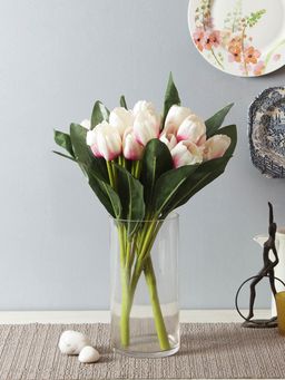 Fourwalls - Artificial Beautiful Tulip Flower Bunches (38 cm Tall, 9 Heads, Set of 3, White-Pink)