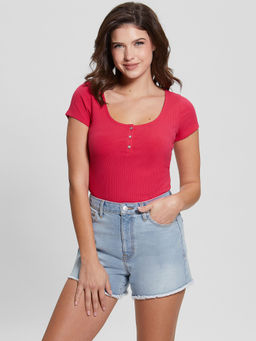 Guess - Women Red Short Sleeves Scoop Top