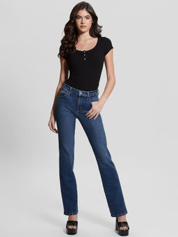 Guess - Women Black Short Sleeves Scoop Top