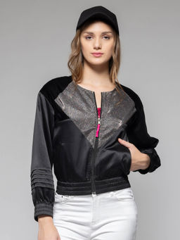 SHAYE - Round Neck Black Solid Long Sleeves Party Jacket for Women