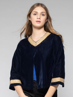 SHAYE - V-Neck Blue Solid Three-Quarter Sleeves Party Jackets for Women