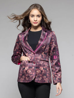 SHAYE - Notch Lapel Collar Purple Floral Print Long Sleeves Casual Blazers for Women