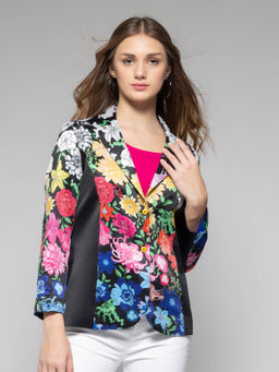 SHAYE - Notch Lapel Collar Black Floral Print Long Sleeves Casual Blazers for Women
