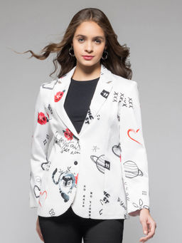 SHAYE - Notch Lapel Collar White Printed Long Sleeves Casual Blazer for Women