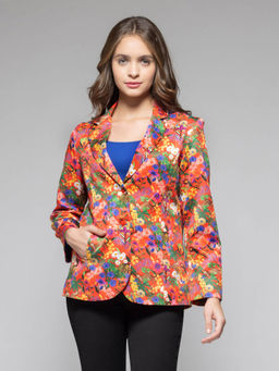 SHAYE - Notch Lapel Collar Orange Floral Print Long Sleeves Casual Blazers for Women