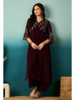 Gahan - Brown Georgette Zari Sequence Embroidered Alia Cut Kurta with Palazzo