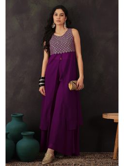 Gahan - Purple Georgette Zari Embroidered Front Slit Kurta with Flaired Palazzo