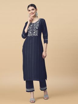 Gahan - Womens Navy Blue Cotton Chikankari Kurta with Pant