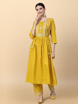 Gahan - Womens Mustard Cotton Zari Embroidery with Sequence Kurta with Pant