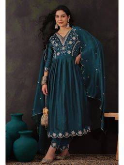 Gahan - Teal Vichitra Zari Sequins Cut Work Embroidered A Line Kurta with Pant & Dupatta