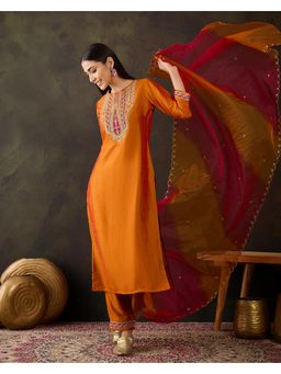 Gahan - Orange Vichitra Zari Sequence Cording Embroidery Kurta with Pant & Dupatta