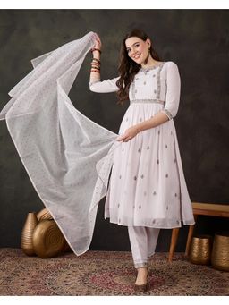 Gahan - White Star Georgette Zari Sequence Embroidered Naira Cut Kurta with Pant & Dupatta