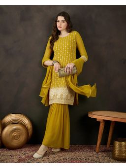 Gahan - Yellow Georgette Thread Sequence Embroidered Kurta with Sharara & Dupatta