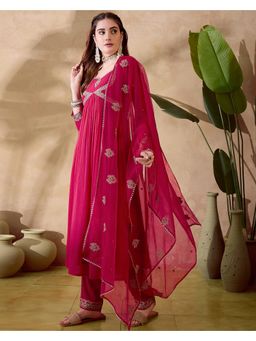 Gahan - Raani Pink Star Georgette Zari Sequence Embroidered Alia Cut Kurta with Pant & Dupatta