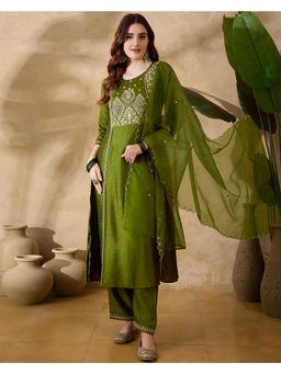 Gahan - Green Vichitra Zari Sequence Embroidered Kurta with Pant & Organza Dupatta