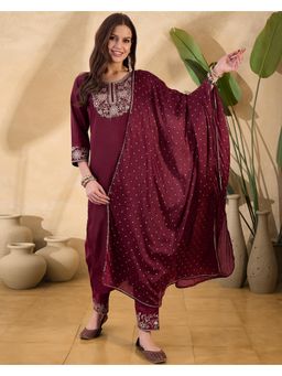 Gahan - Wine Silk Blend Zari Sequence Embroidered Kurta with Pant & Dupatta