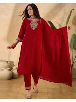 Gahan - Red Georgette Zari Sequence Cording Embroidery Diamond Work Kurta, Pant & Dupatta
