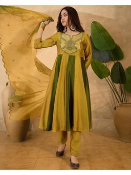 Gahan - Yellow & Green Vichitra Thread Mirror Work Embroidery Anarkali Kurta with Pant & Dupatta