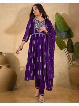 Gahan - Purple Georgette Zari Sequence Embroidered Naira Cut Kurta with Pant & Dupatta