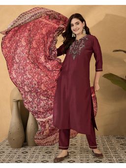 Gahan - Brown DChinon Silk Blend Thread Sequence Embroidered Kurta with Pant & Dupatta