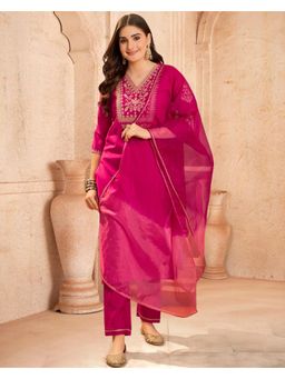 Gahan - Raani Silk Blend Thread Zari Sequence Cording Embroidered Kurta with Pant & Dupatta