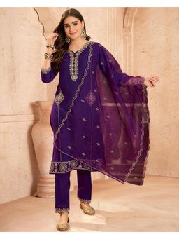 Gahan - Purple Thread Zari Sequence Cording Cutwork Embroidered Kurta with Pant & Dupatta