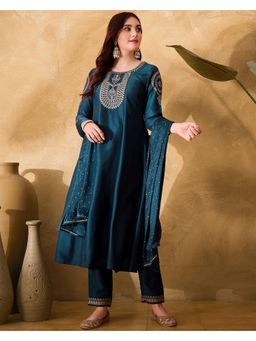 Gahan - Teal Silk Blend Zari Sequence Embroidered Kurta with Pant & Dupatta