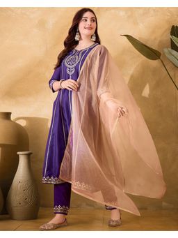 Gahan - Purple Silk Blend Zari Cording Embroidered Kurta with Pant & Dupatta