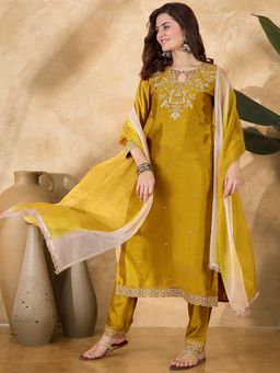 Gahan - Mustard Zari Sequence Cording Thread Cutwork Embroidered Kurta with Pant & Dupatta