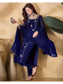 Gahan - Navy Blue Zari Sequence Thread Cording Embroidered Foil Print Kurta with Pant & Dupatta