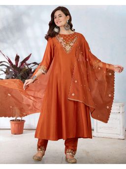 Gahan - Orange Silk Blend Zari Sequins Thread Emboirdered Anarkali Kurta with Pant & Dupatta