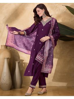 Gahan - Wine Zari Sequence Thread Cording Embroidered Kurta with Pant & Dupatta