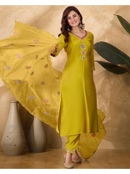 Gahan - Yellow Roman Zari Sequence Thread Cording Embroidered Kurta with Pant & Dupatta