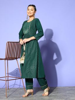 Gahan - Green Crepe Embroidered Foil Printed Straight Kurta with Pant