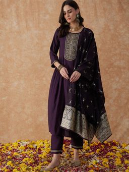 Gahan - Wine Silk Zari Sequence Embroidery Straight Kurta with Pant & Dupatta