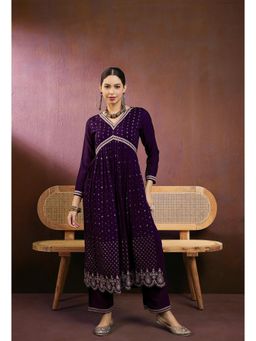 Gahan - Wine Silk Blend Sequence Broing Work Embroidered Kurta with Pant & Dupatta