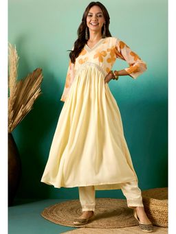 Gahan - Yellow Floral Printed Georgette Crepe Embroidered Kurta with Pant