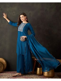 Gahan - Teal Satin Zari Sequence Embroidered Straight Kurta with Palazzo & Dupatta