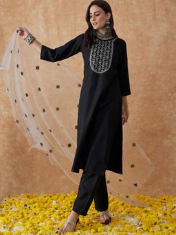 Gahan - Black Cotton Blend Embroidered Kurta with Pant & Net Dupatta