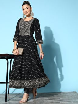 Gahan - Black Crepe Zari Sequence Gota Embroidered Foil Printed A-Line Kurta with Pant
