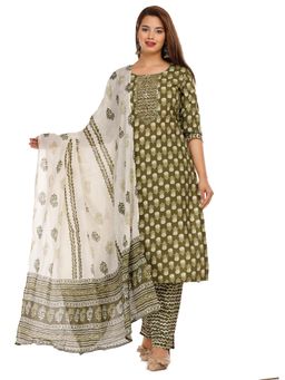 Gahan - Womens Dark Green Cotton Kurta and Pant with Dupatta