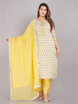 Gahan - Womens Yellow Tie-Up Cotton Blend Kurta with Pant & Dupatta