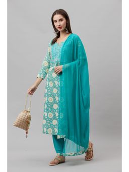 Gahan - Womens Light Blue Cotton Round Neck Kurta with Pant & Dupatta
