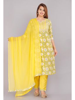Gahan - Womens Yellow Cotton Round Neck Kurta with Pant & Dupatta