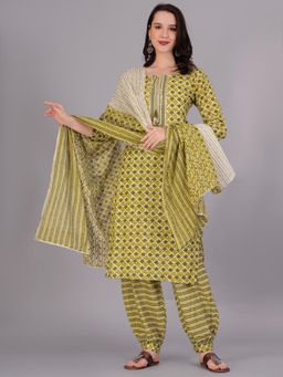 Gahan - Womens Cotton Green Kurta with Salwar & Dupatta