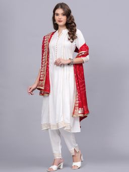Gahan - Womens White Rayon Anarkali Kurta with Pant & Dupatta